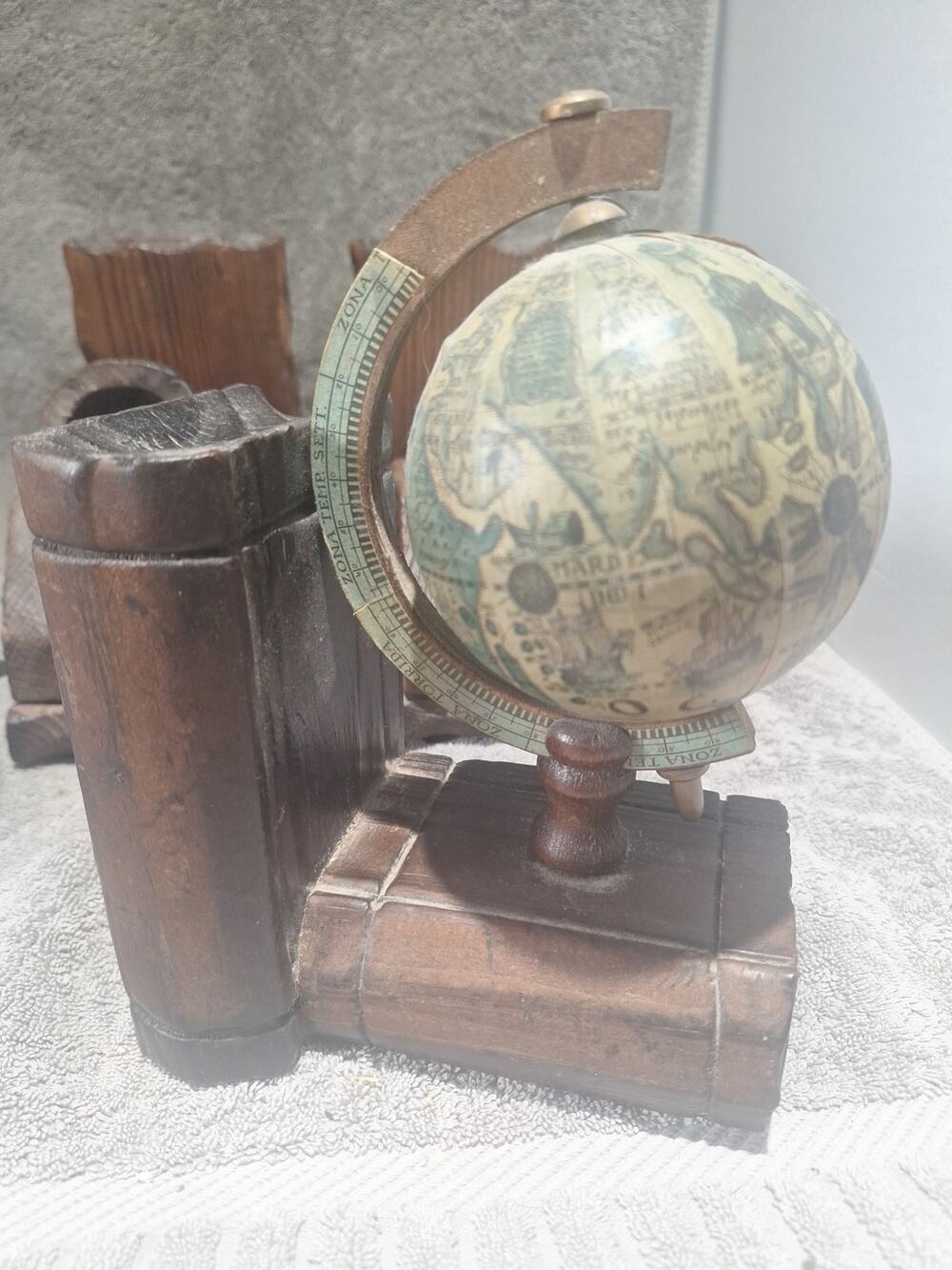 Vintage Globe Bookend Old World Map Library Dark Academia Decor Wood Base